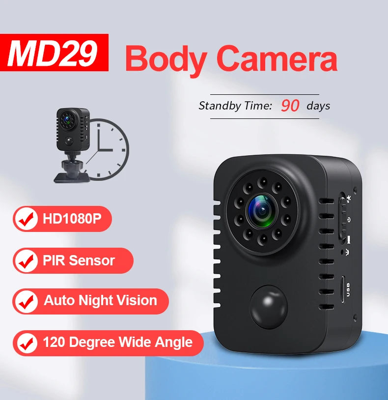 MD29 HD Mini Body Camera 1080P Security Pocket Cameras Motion Activated Small Nanny Cam for Cars Standby Espia Webcam 8H Working
