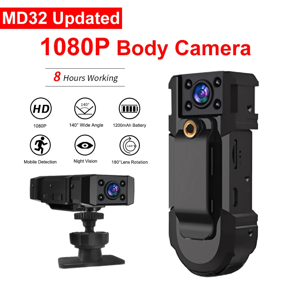 MD32 Mini Body Camera 8 Hours Camcorder Full 1080P HD Police Cam Small 180° Rotating Bike Camera Sports DV Car DVR Pocke Webcam